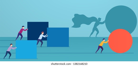 Businessman superhero pushes red sphere, overtaking competitors. Concept of winning strategy, business efficiency, leadership.
