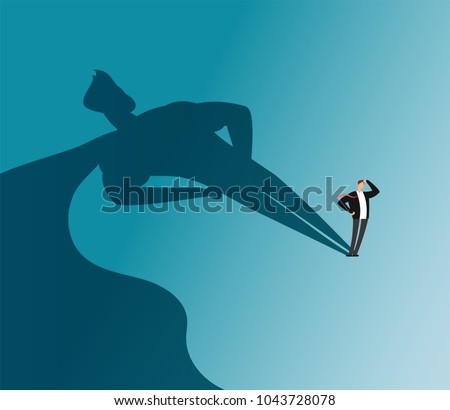 Businessman with superhero shadow. Ambition and business success vector concept. Leadership super hero in business, motivation leader superhero illustration