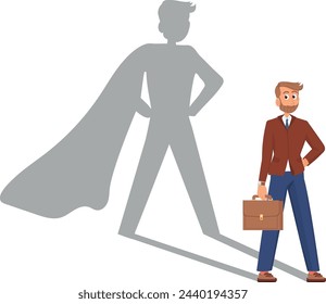 Businessman with superhero shadow in cape. Work superpower illustration