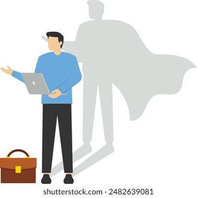 Businessman with superhero shadow. Leadership superhero in business, a Successful and powerful leader. confident leadership, business success, ambition, or strength. career or promotion