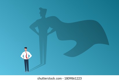 Businessman with superhero shadow. Leadership professional ambition, achievement and business success, strong man with inner leader potential, career motivation creative vector flat cartoon concept