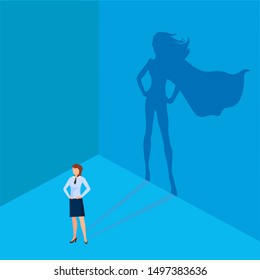 Businessman with a superhero shadow. Super manager is a leader in business. Concept of success, leadership quality, trust, emancipation