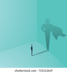 Businessman with superhero shadow vector concept. Business symbol of ambition, success, motivation, leadership, courage and challenge. Eps10 vector illustration.