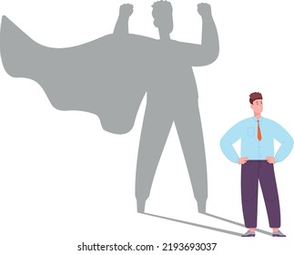 Businessman with superhero shape shadow. Confident powerful man isolated on white background