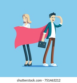 Businessman superhero standing and looking forward, and businesswoman laughs and helps the cape to blow. Office workers having fun. Funny and cute cartoon business characters. Vector illustration