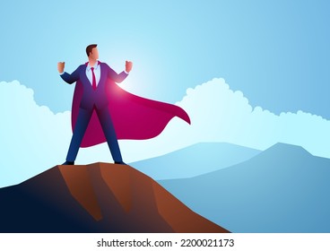 Businessman as a superhero standing on the top of a mountain, accomplishment, determination, conquer obstacles, vector illustration