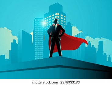 Businessman as a superhero standing on the top of a building, accomplishment, determination, conquer obstacles, vector illustration