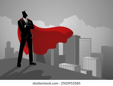 Businessman as a superhero standing on the top of a building, symbolize accomplishment, determination, and conquering obstacles, vector illustration