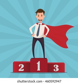 Businessman superhero standing on the winning podium - vector illustration