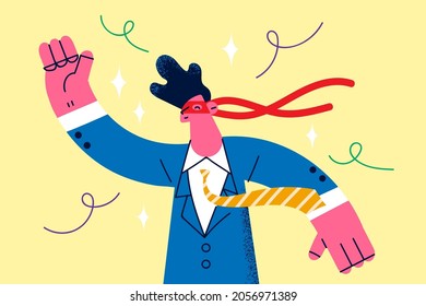 Businessman superhero and success concept. Young smiling businessman cartoon character wearing red mask on eyes and suit standing waving hand vector illustration