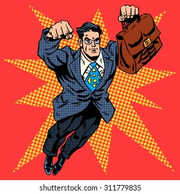 Businessman superhero work flight business concept retro style pop art. A grown man in a business suit. The image of bravery and courage. Retro style pop art