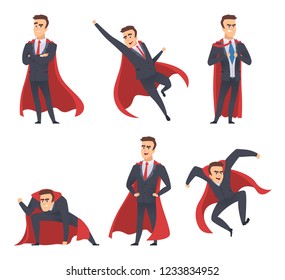 Businessman superheroes. Office managers directors workers red cloak standing flying action poses superheroes vector characters