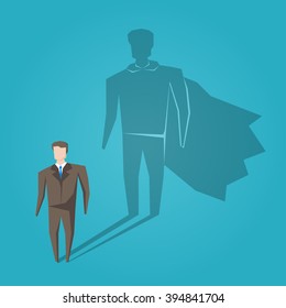 Businessman with superhero's shadow vector illustration. Creative business concept.