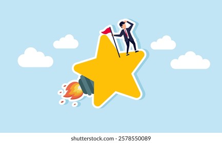 A businessman supervises and stands holding a flagpole on top of a rocket-star, illustration of boosting efforts to enhance business quality