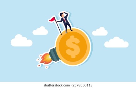 A businessman supervises and stands holding a flagpole on top of a rocket-dollar coin, illustration of boosting business financial performance