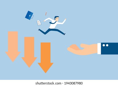 Businessman and support hand after business slump, Vector illustration in flat style
