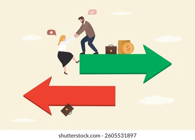 Businessman supporting businesswoman to climbing up to right way arrow from falling down business, teamwork helping from crisis to successful business. Smart man help female colleague. flat vector