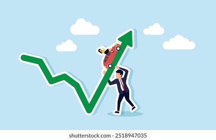 A businessman supporting a chart while a red car with a businesswoman drives over it, illustration of the growth of company assets