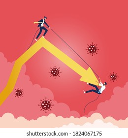 Businessman supporting each other to climbing up to raising arrow from falling down business, metaphor to team work helping from crisis to successful business