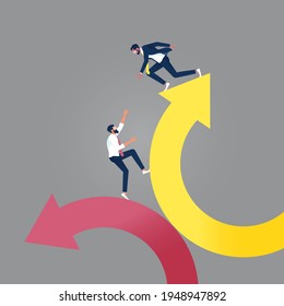 Businessman supporting each other to climbing up to raising arrow from falling down business, metaphor to team work helping from crisis to successful business
