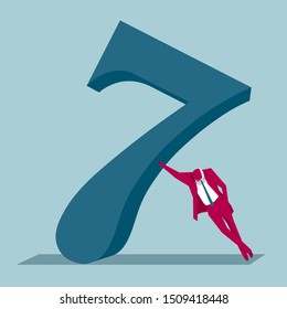 Businessman supports digital symbols. Isolated on blue background.