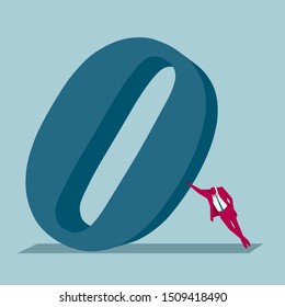 Businessman supports digital symbols. Isolated on blue background.