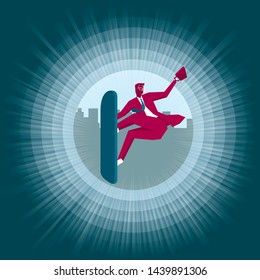 Businessman is surfing. Background is an abstract circle