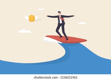 Businessman surfing and catching Dollar. Company progress with continuous financial earnings as perfect strategy and prosperity growth .