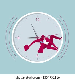 Businessman is surfing in the clock. Isolated on blue background.