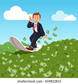 Businessman surfing financial seas. Riding dollar cash money waves on surfboard showing victory gesture. Successful trader on peak of profitability. Business success concept. Flat vector illustration.