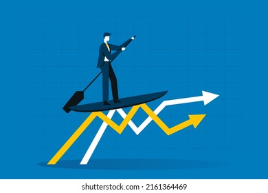 Businessman navegando por el gráfico de acciones financieras. Se muestran las ondas de la gráfica de las existencias en la tabla de surf. Comerciante exitoso en el pico de rentabilidad. Concepto de éxito empresarial. Ilustración vectorial plana