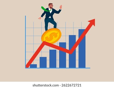 Businessman surfing financial stock graph. Successful trader on peak of profitability. Career growth, motivation, ambitions, innovation. Modern vector illustration in flat style
