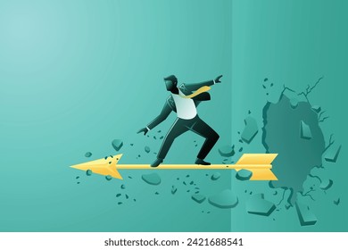 Un hombre de negocios navegando con flechas doradas rompiendo la pared. Ilustración vectorial del concepto de negocio