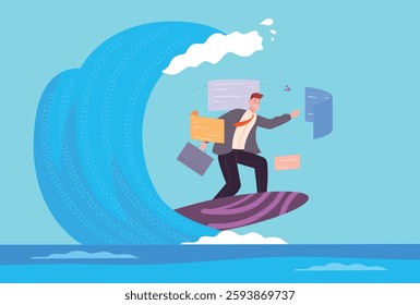Businessman surfing internet. Business man surf on binary numbers digital wave, computer data analysis online programming virtual ocean engineering challenge vector illustration