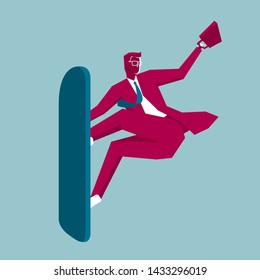 Businessman is surfing. Isolated on blue background.