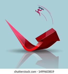 Businessman surfing on the arrow. Isolated on blue background.