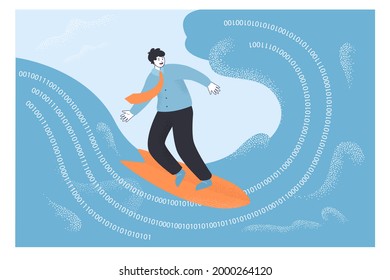 Businessman surfing on Internet wave. Flat vector illustration. Man exploring virtual world with binary codes and numbers. Digital, challenge, Internet, technology, surfing concept for banner design