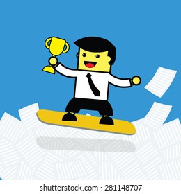 Businessman surfing on paperwork trophy in hand.