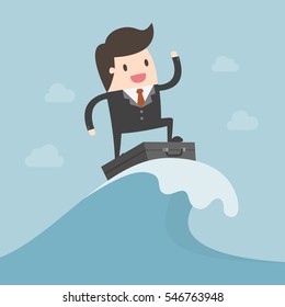 Businessman Surfing On The Wave. Business Concept Illustration.
