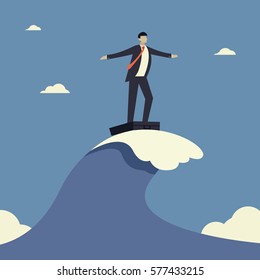 Businessman Surfing On The Wave. Business concepts in vector.