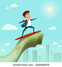 Businessman surfing on the wave of money. Business concept. Vector Illustration.