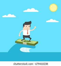 Businessman surfing on the wave. Symbol of business success, challenge, risk, courage. Flat cartoon style. Vector illustration.