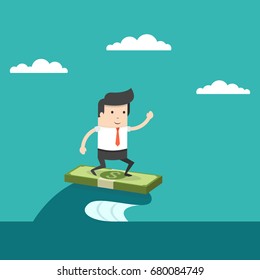 Businessman surfing on the wave. Symbol of business success, challenge, risk, courage. Flat cartoon style. Vector illustration.