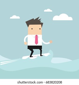 Businessman surfing on the wave. Vector illustration.