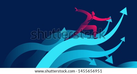 businessman surfing on waves as upward arrow. success, achievement, increase profit, growth business concept in red and blue neon gradients