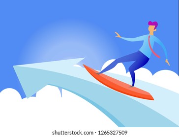 Businessman surfing the rising arrow. Business concept vector illustration. Business success concept