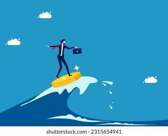 Businessman surfing sea waves with coins. The concept of going through a crisis with money vector
