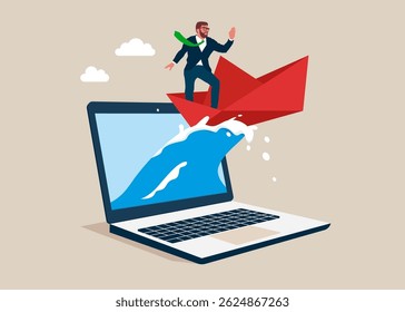 Businessman surfing sea waves with paper boat from the screen laptop. Overcome crises, business success. Modern vector illustration in flat style