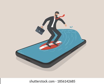 Businessman surfing with smartphone, marketing and digital marketing, Businessman on surfboard.