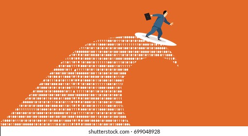 Businessman Surfing A Tsunami Wave Of Computer Data, EPS 8 Vector Illustration 